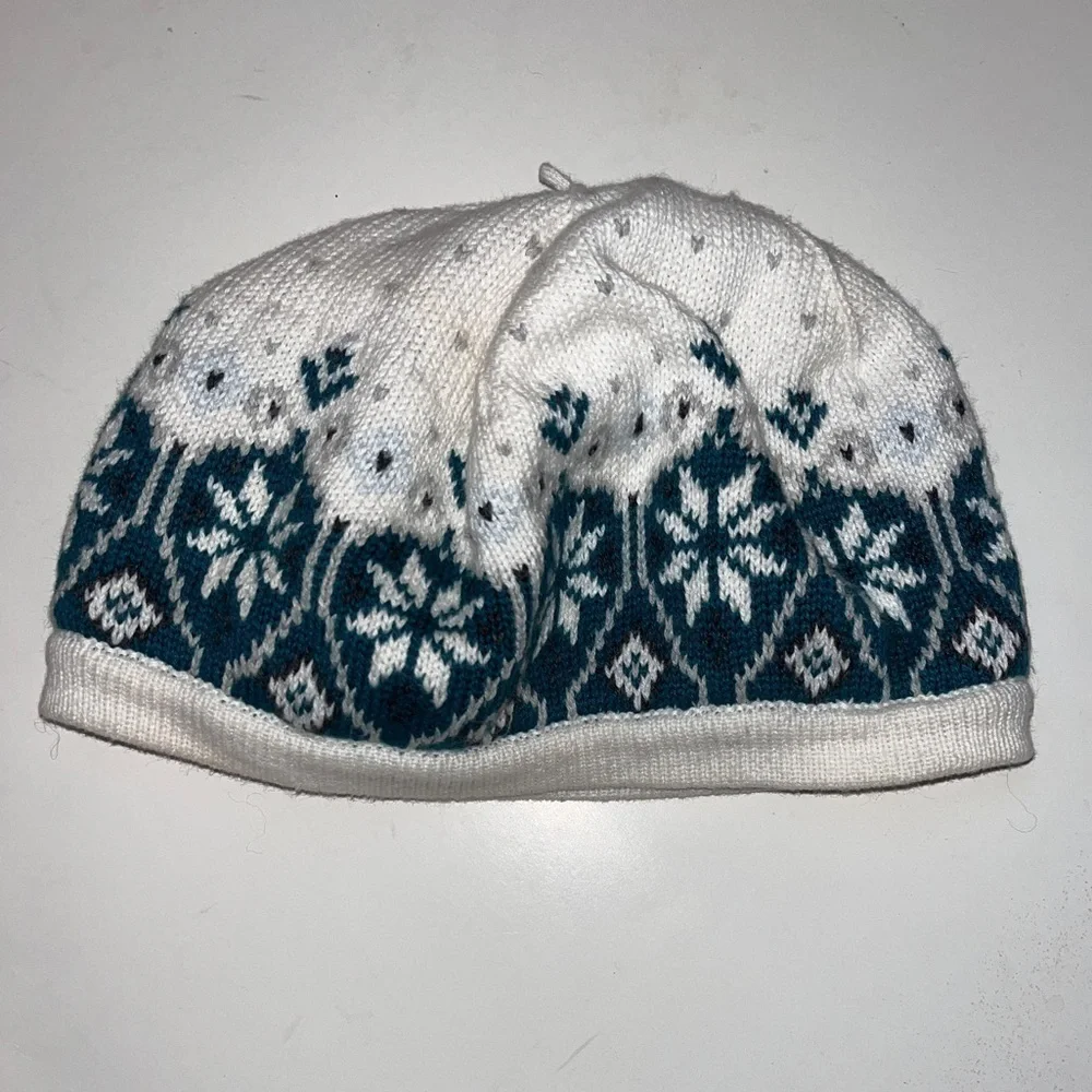 Janie and Jack Teal and White Snowflake Fair Isle Knit Hat